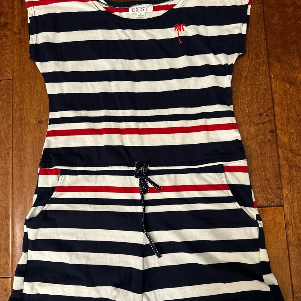 Exist women’s beach romper navy white red stripe pockets drawstring stretch L